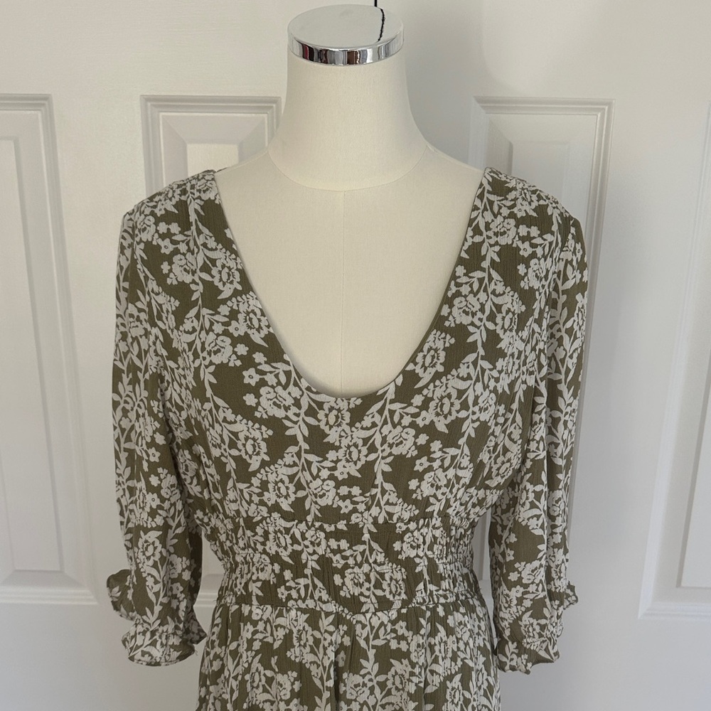 Lulus Spring Meadows Olive Green Floral Print Midi Dress Size L - Picture 4 of 15